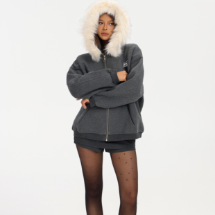 1ess mode石炭灰重工廓形毛领外套女秋休闲慵懒外套连帽卫衣冬