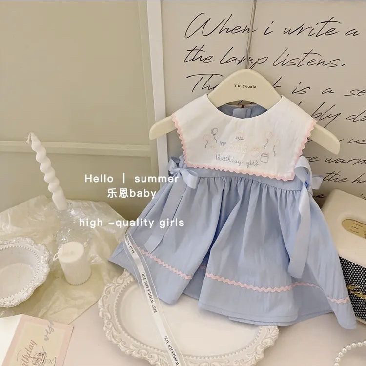 女童连衣裙2024夏季新款重工刺绣翻领生日裙海军领宝宝无袖背心裙