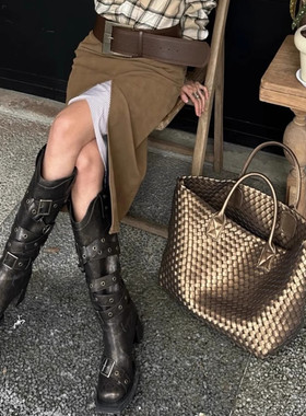 编织手提包女菜篮子古铜色复古慵懒风设计师度假托特包单肩大包包