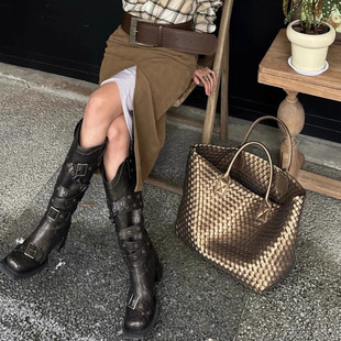 编织手提包女菜篮子古铜色复古慵懒风设计师度假托特包单肩大包包