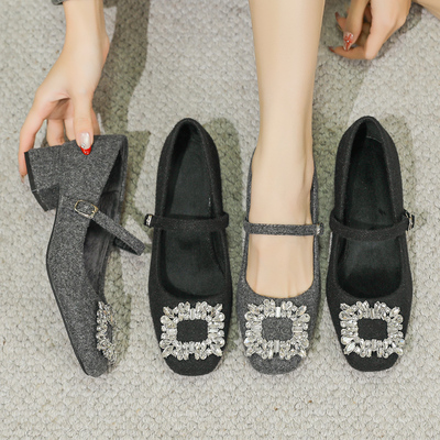 秋冬新款加绒钻扣玛丽珍毛毛女鞋