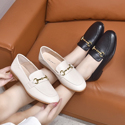 春秋季女单鞋妈妈乐福鞋平底真皮小皮鞋中口套脚软底软皮防滑百搭