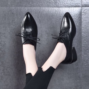 百搭中跟系带小皮鞋 粗跟单鞋 真皮尖头女鞋 新款 女深口 女2023年春季