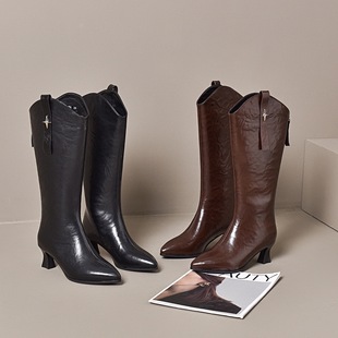 骑士靴女靴2025不过膝粗腿高跟高筒靴尖头细跟欧美风宽筒显瘦正品