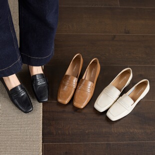 法式方头粗跟乐福鞋女真皮深口单鞋简约百搭通勤小皮鞋时尚潮流新