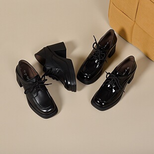 2026新款头层牛皮真皮女鞋圆头粗跟系带高跟鞋女百搭单鞋时尚休闲