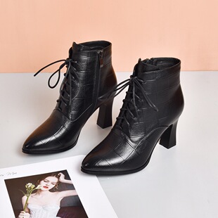 2026新款真皮女鞋尖头细跟系带高跟鞋百搭舒适透气单鞋时尚休闲鞋