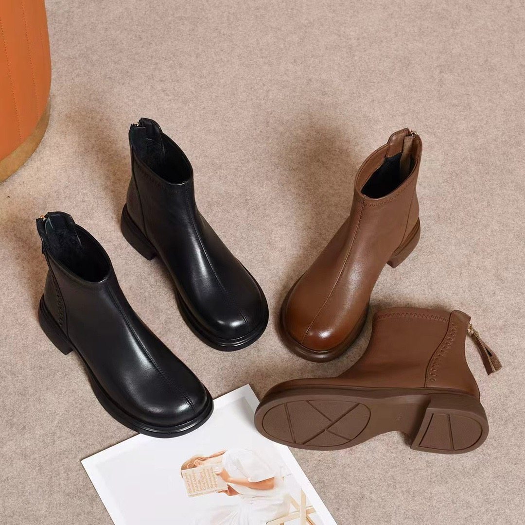 头层牛皮短靴女2025新款秋冬粗跟平底皮鞋加绒真皮女鞋软皮马丁靴
