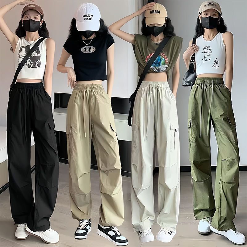 工装裤女夏季薄款新款高腰显瘦宽松阔腿直筒束脚运动休闲裤子