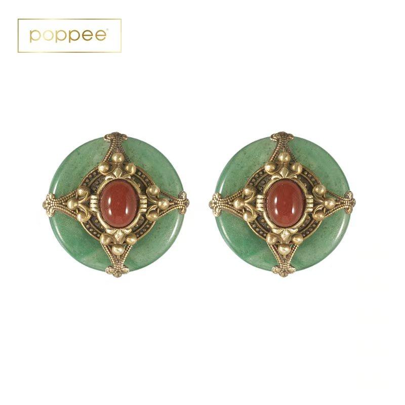 美国patrice耳饰宫廷风复古个性款Green Aventurine CarnRnd耳夹