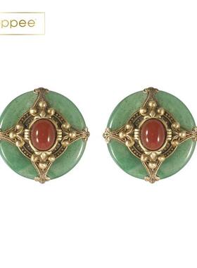 美国patrice耳饰宫廷风复古个性款Green Aventurine CarnRnd耳夹