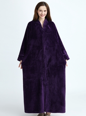 睡袍女秋冬季加长款法兰绒紫色大码拉链家居服珊瑚绒睡衣男士浴袍