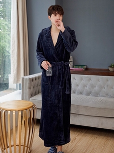 睡袍男士加长款到脚踝秋冬季超长浴衣加厚加绒珊瑚绒浴袍有带帽子