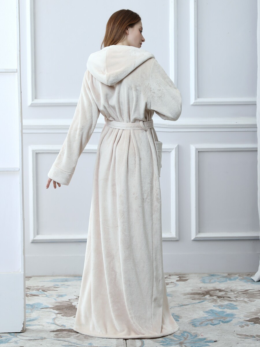 NIGHTGOWN WOMENS AUTUMN WINTER ELONGATED FLANNEL EXTRA-LONG TO ANKLE PADDED CORAL VELVET PAJAMAS HAT BATHROBE