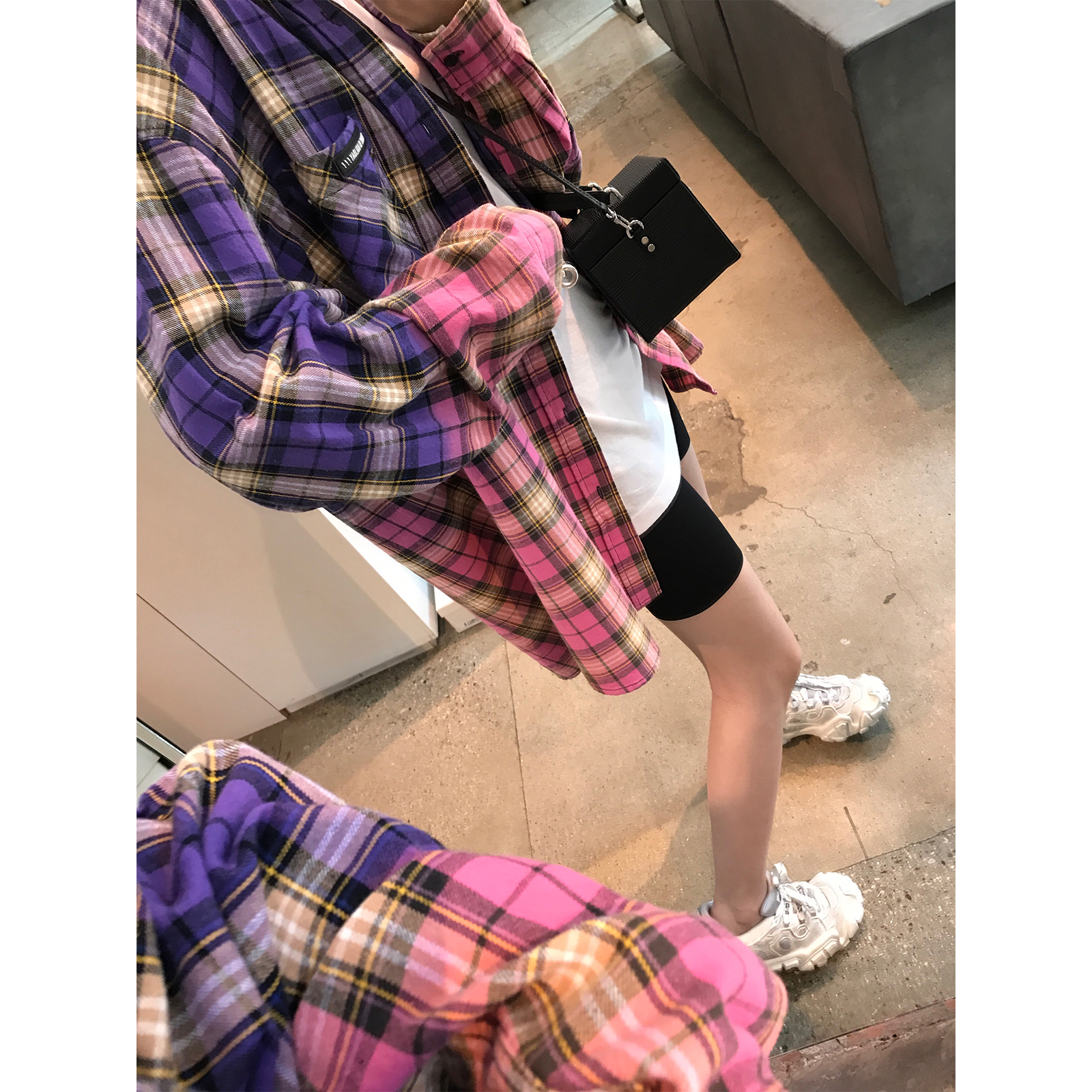 vcruan阿希哥防晒格子衬衫女复古港味宽松长袖上衣撞色设计感衬衣
