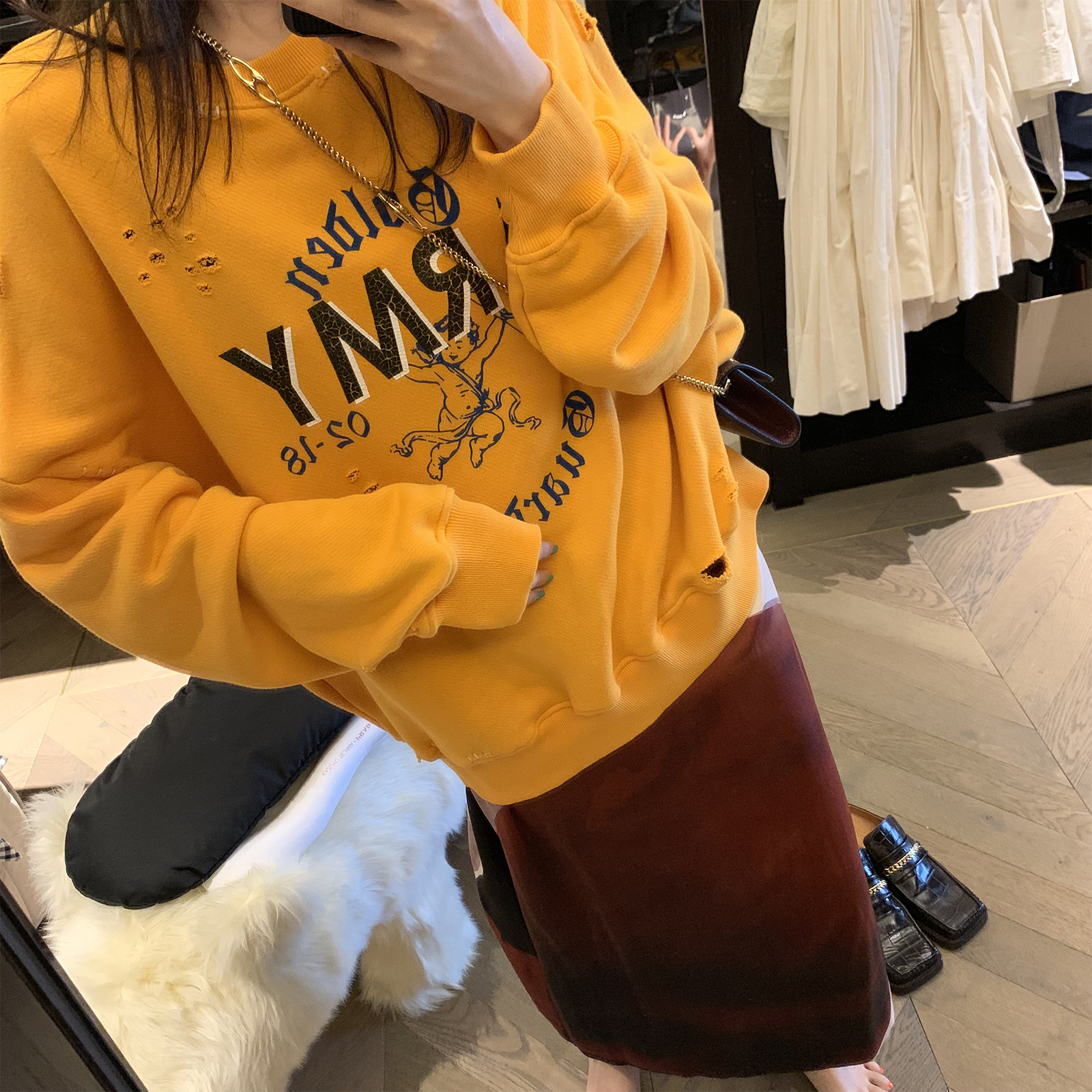 vcruan阿希哥 黄色卫衣女秋薄款长袖上衣宽松圆领短款套头帽衫