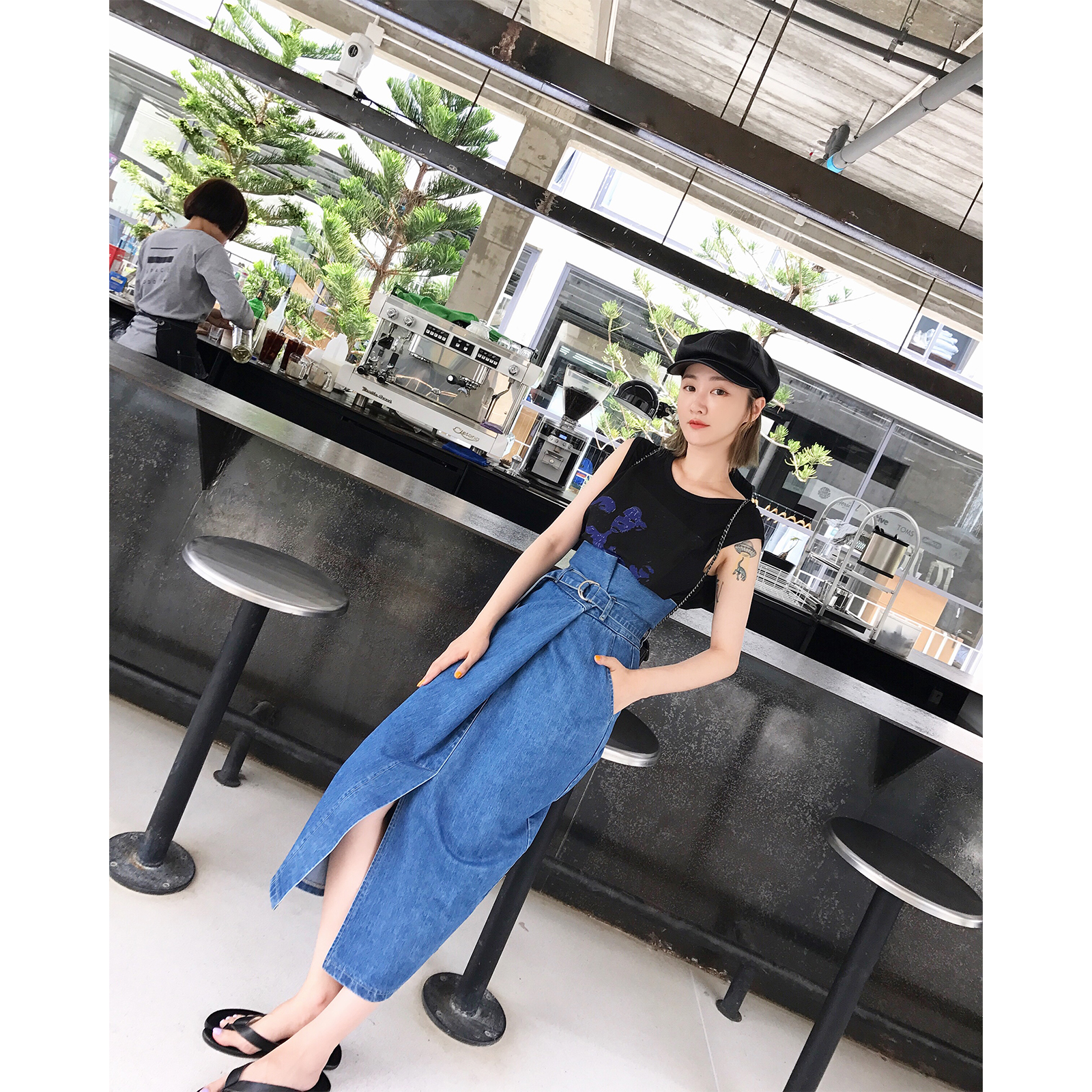 vcruan阿希哥 夏季牛仔裙女2018新款經典純色高腰顯瘦開叉半身裙