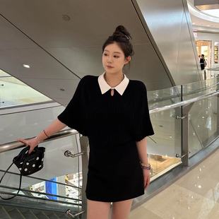 女装 复古撞色翻领短袖 琪琪微微胖大码 法式 气质上衣潮 针织衫 女时尚