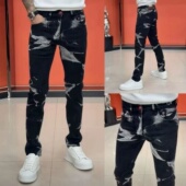 高街牛仔裤 男士 印花百搭欧洲站请青年弹力修身 时尚 小脚裤 泼墨潮流