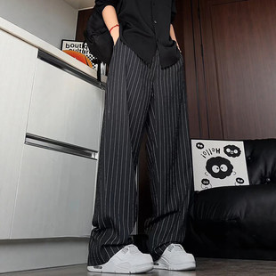 黑色竖条纹裤子男款夏季美式直筒阔腿西裤高级感垂感宽松休闲长裤