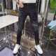 潮牌弹力牛仔裤 男重工烫钻印花时尚 修身 春秋季 百搭黑色小脚男裤 子