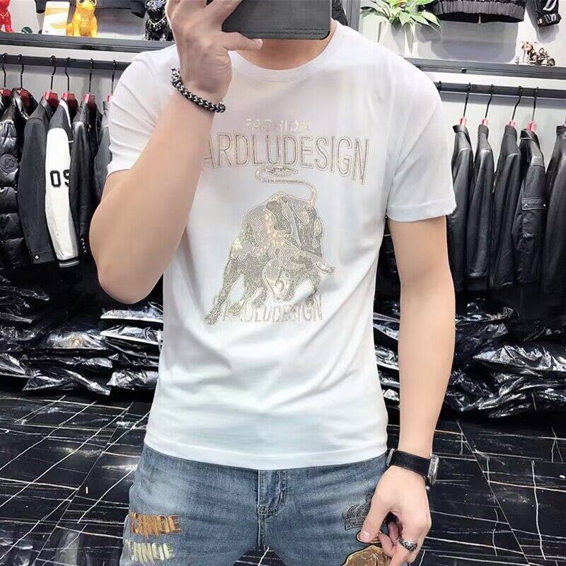 欧洲站金牛烫钻潮牌短袖T恤男士夏季修身纯棉圆领半袖上衣服体恤