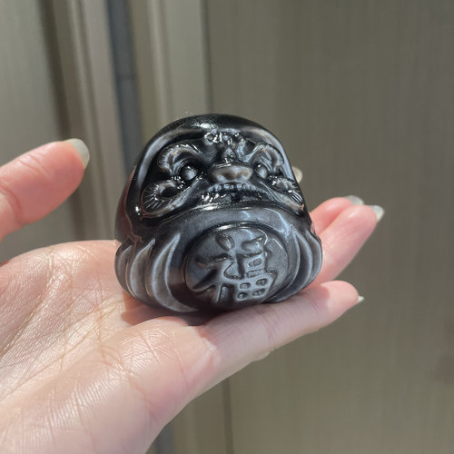 天然银曜石达摩摆件手把件