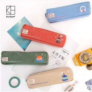 韩版文具批发广博HBD02301旅行记忆笔袋kinbor小清新文具袋简约棉麻帆布创意铅笔袋小学生文具收纳袋文件袋