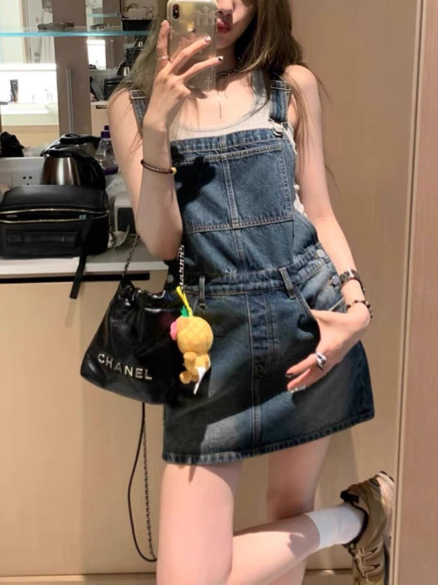 美式复古牛仔背带裙女夏季背带裙小个子连衣裙显瘦洋气减龄短裙bf