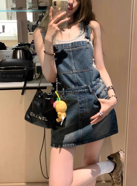 美式复古牛仔背带裙女夏季背带裙小个子连衣裙显瘦洋气减龄短裙bf