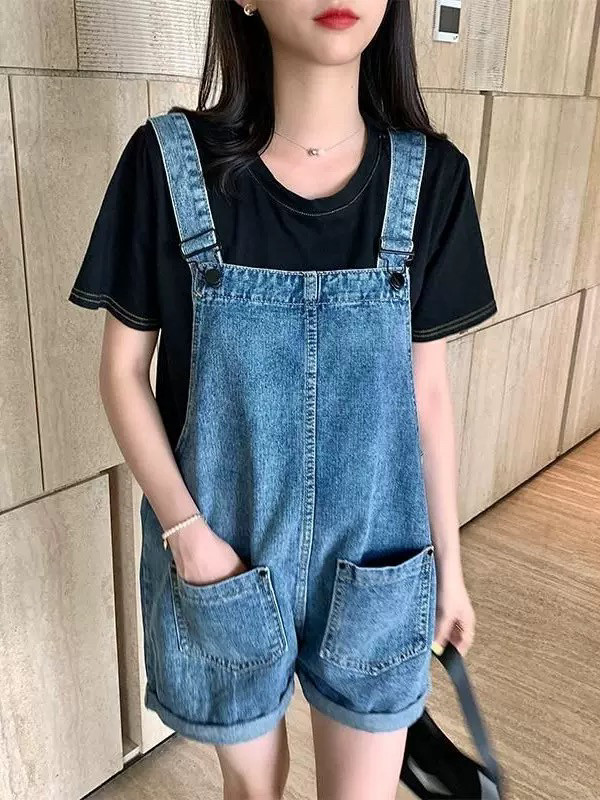 牛仔凉感浅色短裤女夏季小个子薄款直筒高腰卷边翻边女学生背带裤