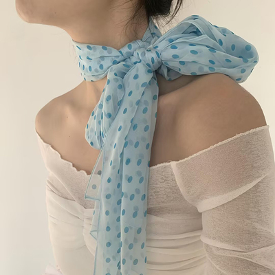 韩系气质蓝色波点丝巾系脖女2025新款薄款高级感长条纱巾拍照配饰