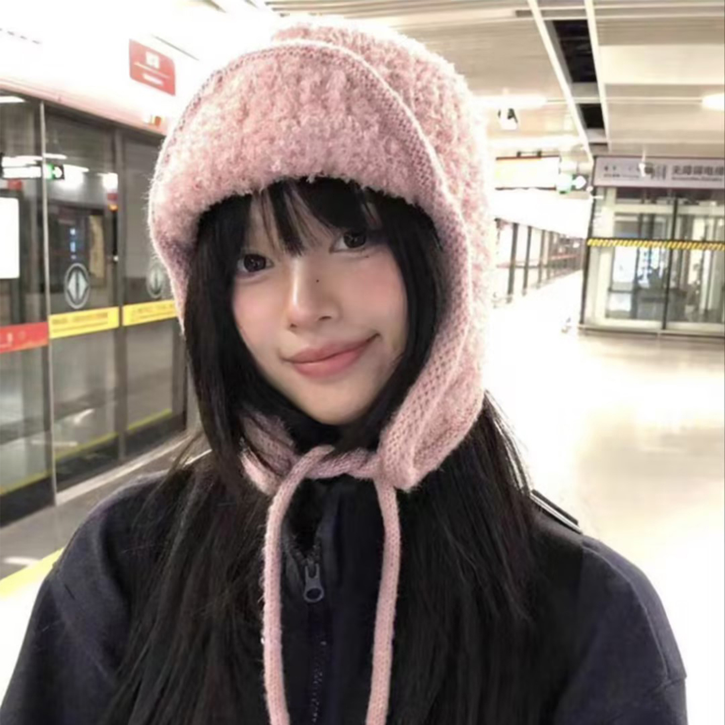 韩系ins冬日氛围感毛绒绒粉色针织飞行帽子女冬季保暖护耳雷锋帽