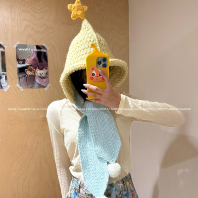 成品！星星人手工针织连帽围巾一体女秋冬保暖创意DIY护耳拉法帽