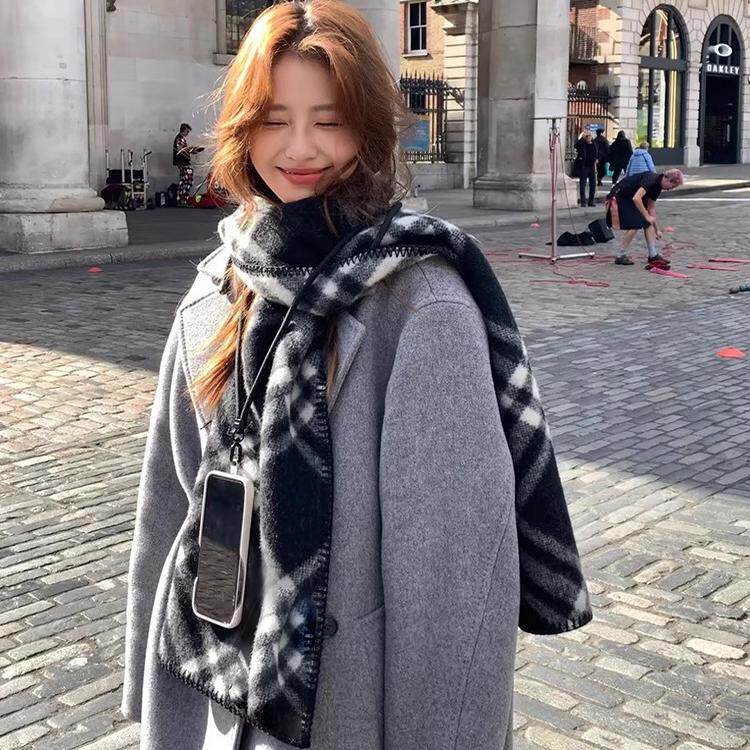 复古黑白格纹围巾女冬季加厚保暖学生情侣围脖防寒时尚高级感披肩