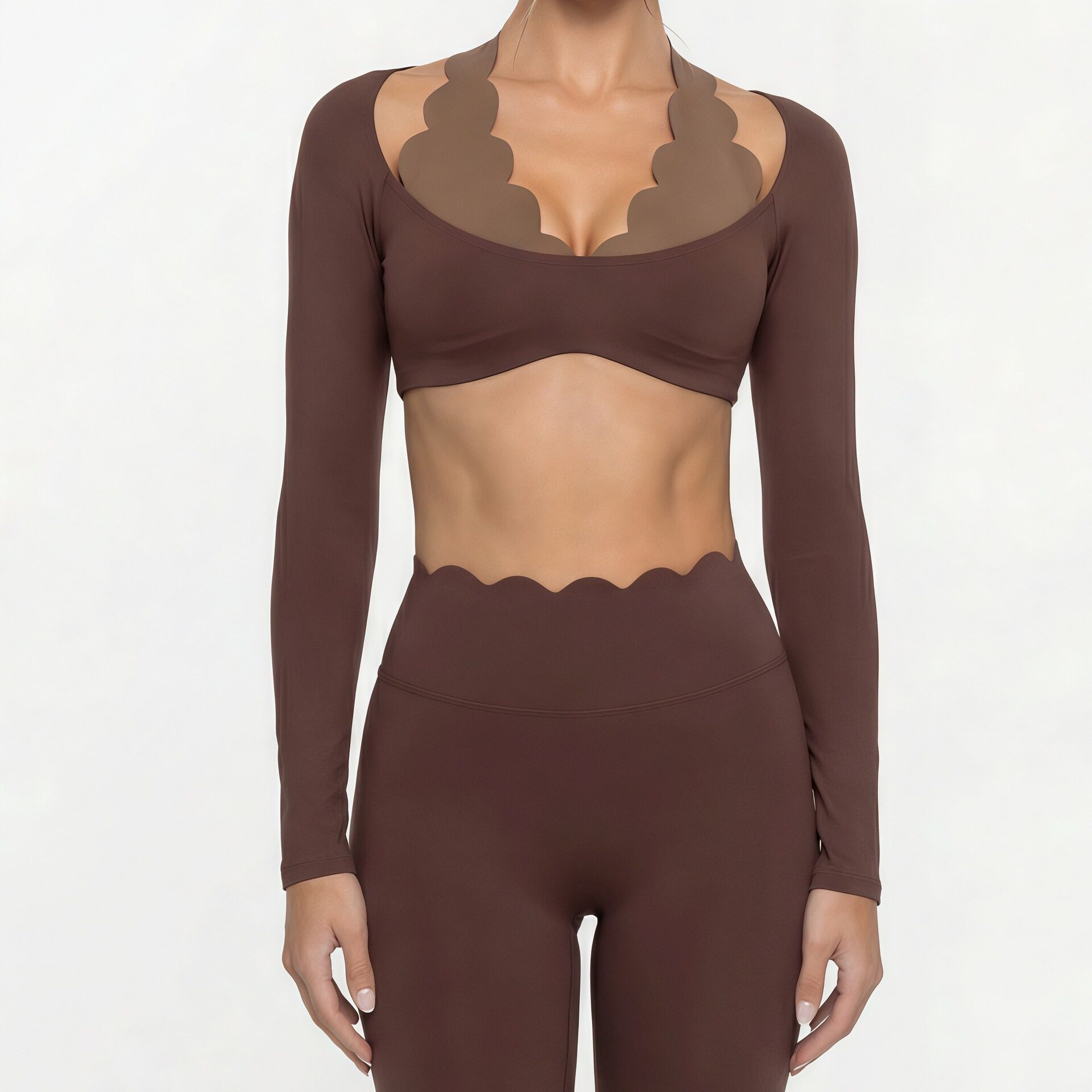 磨毛花边假两件拼色健身服百搭紧身普拉提瑜伽服修身运动上衣女