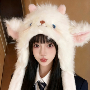 帽子女可爱小羊毛绒帽耳朵会动的秋冬季加厚防寒保暖护耳雷锋帽子