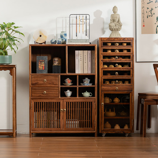 新中式博古架乌金木展示柜矮柜茶室边柜置物架侘寂风柜子实木角柜
