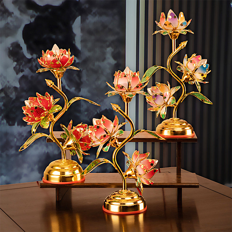 新款家用插电三品莲花灯供灯七彩花瓣佛堂前荷花灯观音菩萨长明灯