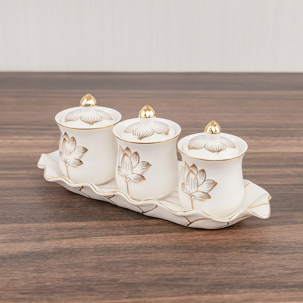 描金陶瓷莲花三联五联供佛杯供水杯家用佛前观音莲花圣水杯净水杯