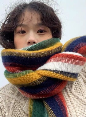 彩虹针织围巾女美少女甜美可爱加