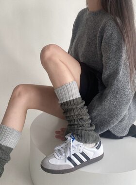 针织袜套春秋毛线撞色拼接腿套简