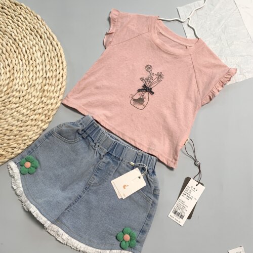 68191德牌儿童夏季薄款纯棉短袖女童花花飞飞袖短袖上衣