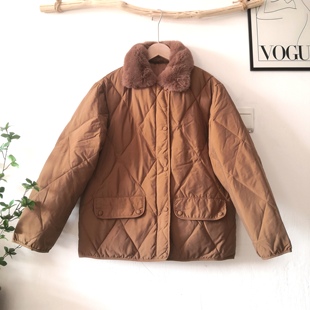 年末清仓不退换 焦糖色毛领菱格90白鸭绒羽绒服短款