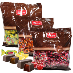 俄罗斯巧克力夹心糖果进口斯拉贡牌樱桃柠檬甜杏果冻软糖年货喜糖