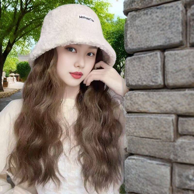 网红新款帽子假发一体时尚休闲秋冬季羊羔毛渔夫帽保暖韩百搭厚女