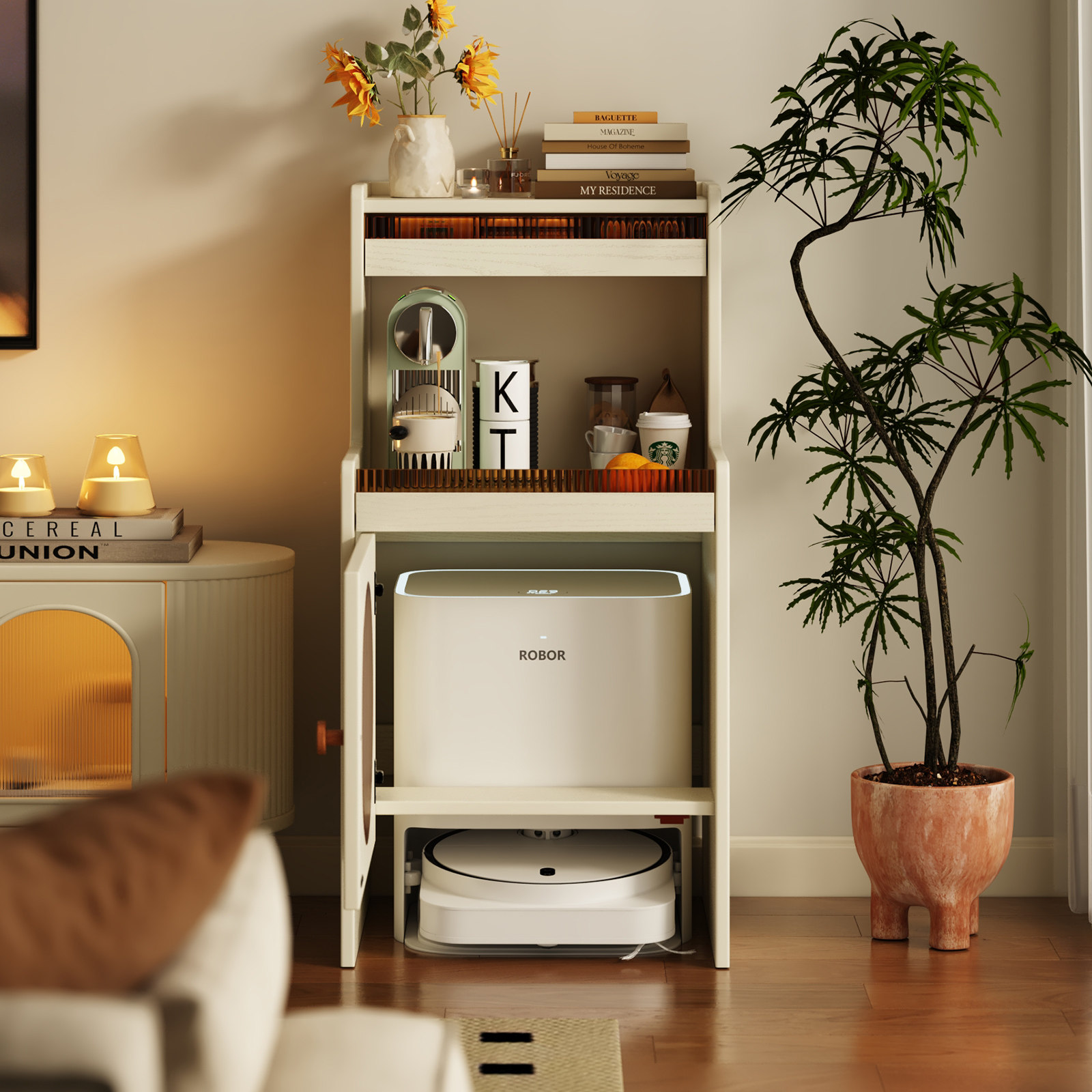 扫地机器人柜子基站收纳遮挡柜实木玄关客厅边柜不占地阳台置物架