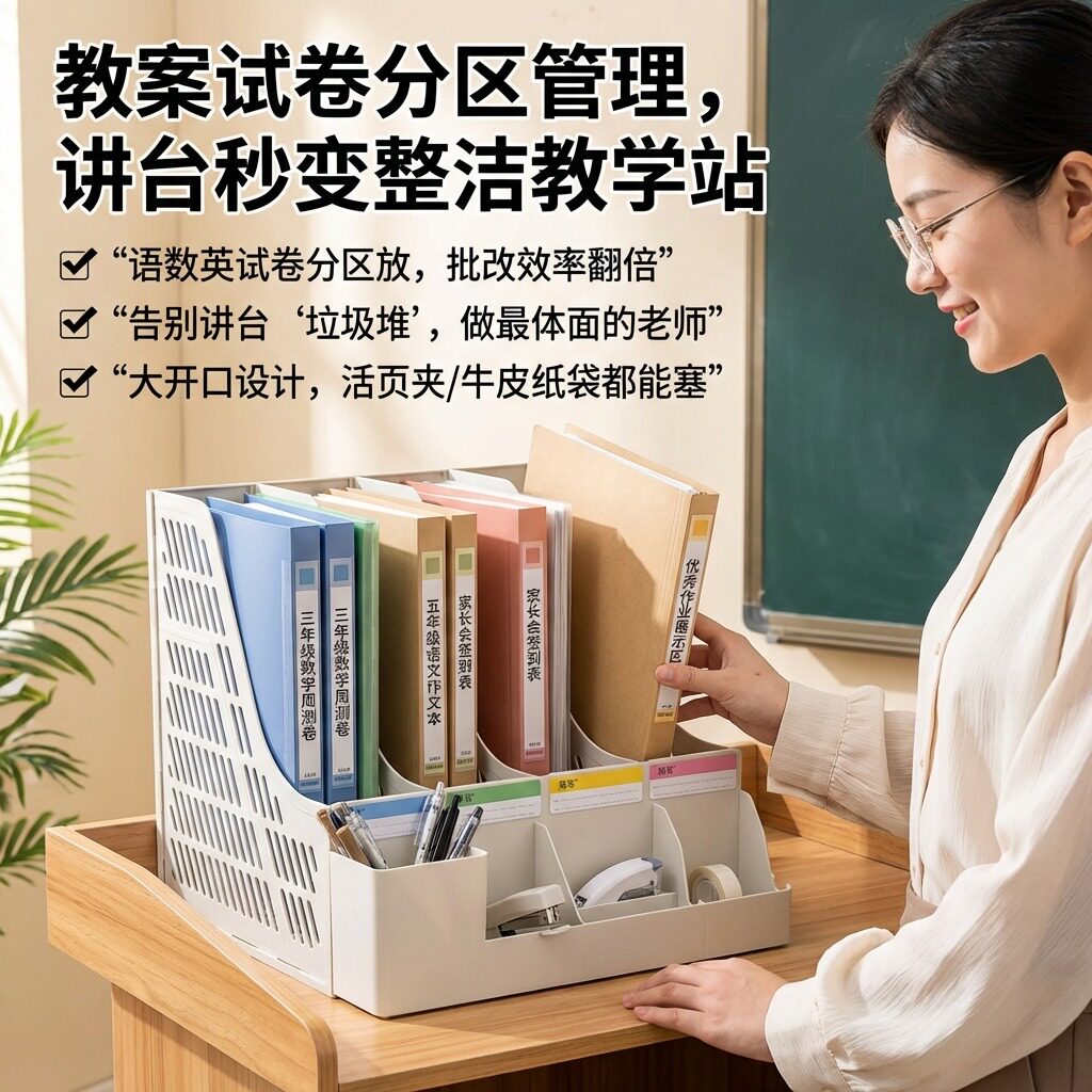 文件架桌面文件夹收纳盒试卷卷子档案文件栏筐四栏讲台杂物办公用品书架文具书立资料整理架子置物架立式J1