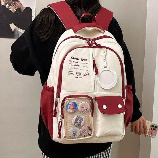 【禾果铺子】新款学院学生双肩背包书包尼龙布拉链透明吧唧痛包