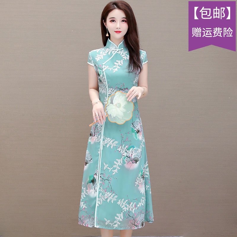 绣花旗袍裙夏季2021新款复古盘扣民族风女改良妈妈装